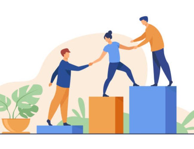 Employees giving hands and helping colleagues to walk upstairs. Team giving support, growing together. Vector illustration for teamwork, mentorship, cooperation concept