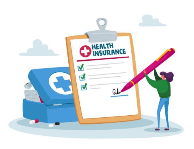 Tiny Client or Patient Female Character Signing Huge Health Care Insurance Policy Paper Document. Life Protection, Secure and Financial Guarantee Contract Concept. Cartoon Vector Illustration